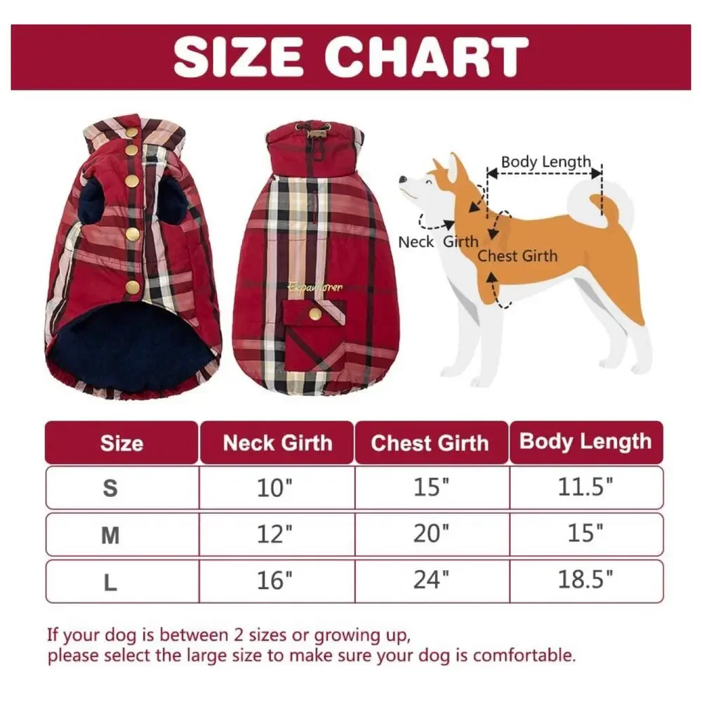 NEW Dog Jacket S Plaid Pocket Coat Windproof Clothes Buttons Fleece Windproof
